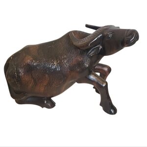 Vintage Mid Century Asian Wood Carving Oxen Water Buffalo Figurine